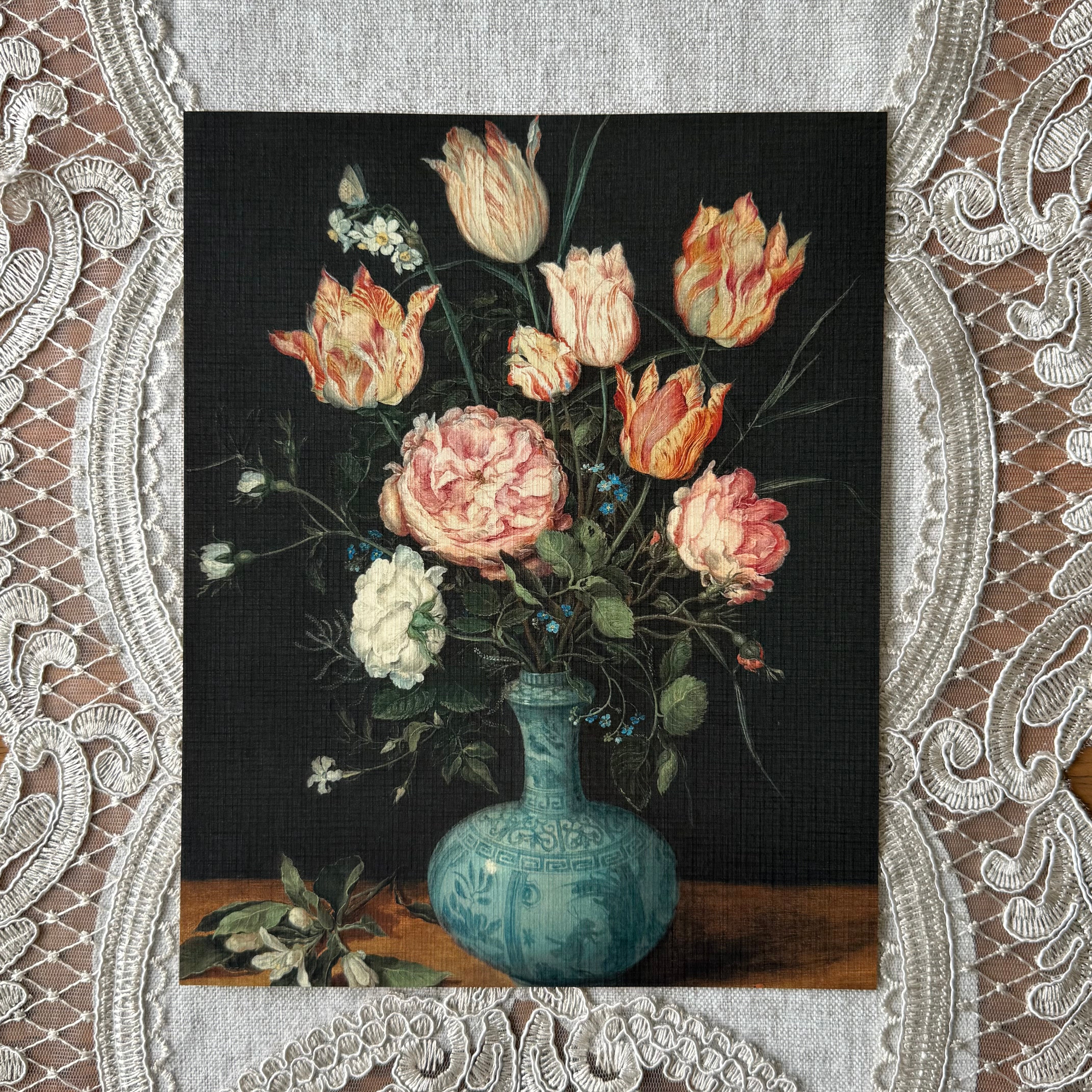 Tulips & Peonies in a Blue Vase